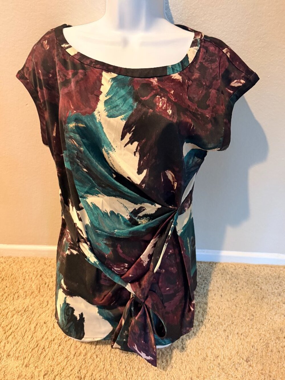 Calvin Klein Abstract Floral Tie Front Blouse Purple Teal Black